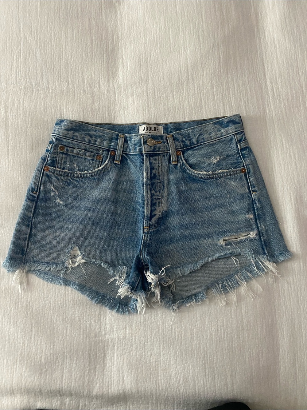 Agolde Light Blue Distressed Denim Jean Shorts